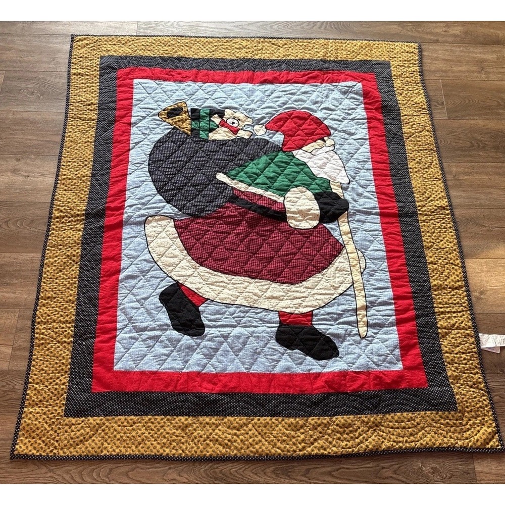 Vintage Christmas Santa Quilted Curtain Panel / Blanket Santa Present Bag